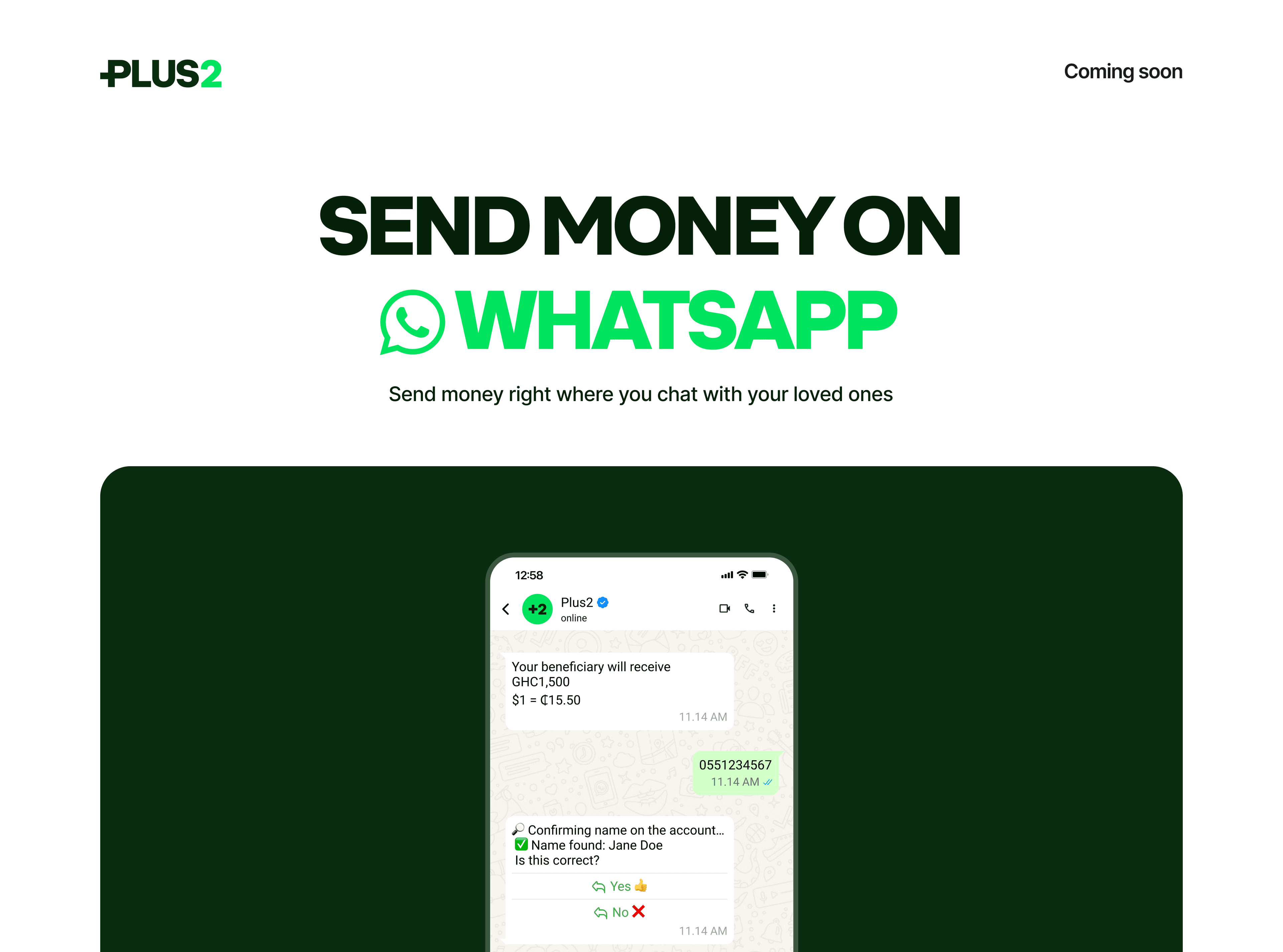 Coming-soon landing page with a large send-money headline above a phone mockup of a chat-based transfer that confirms the recipient's name before sending