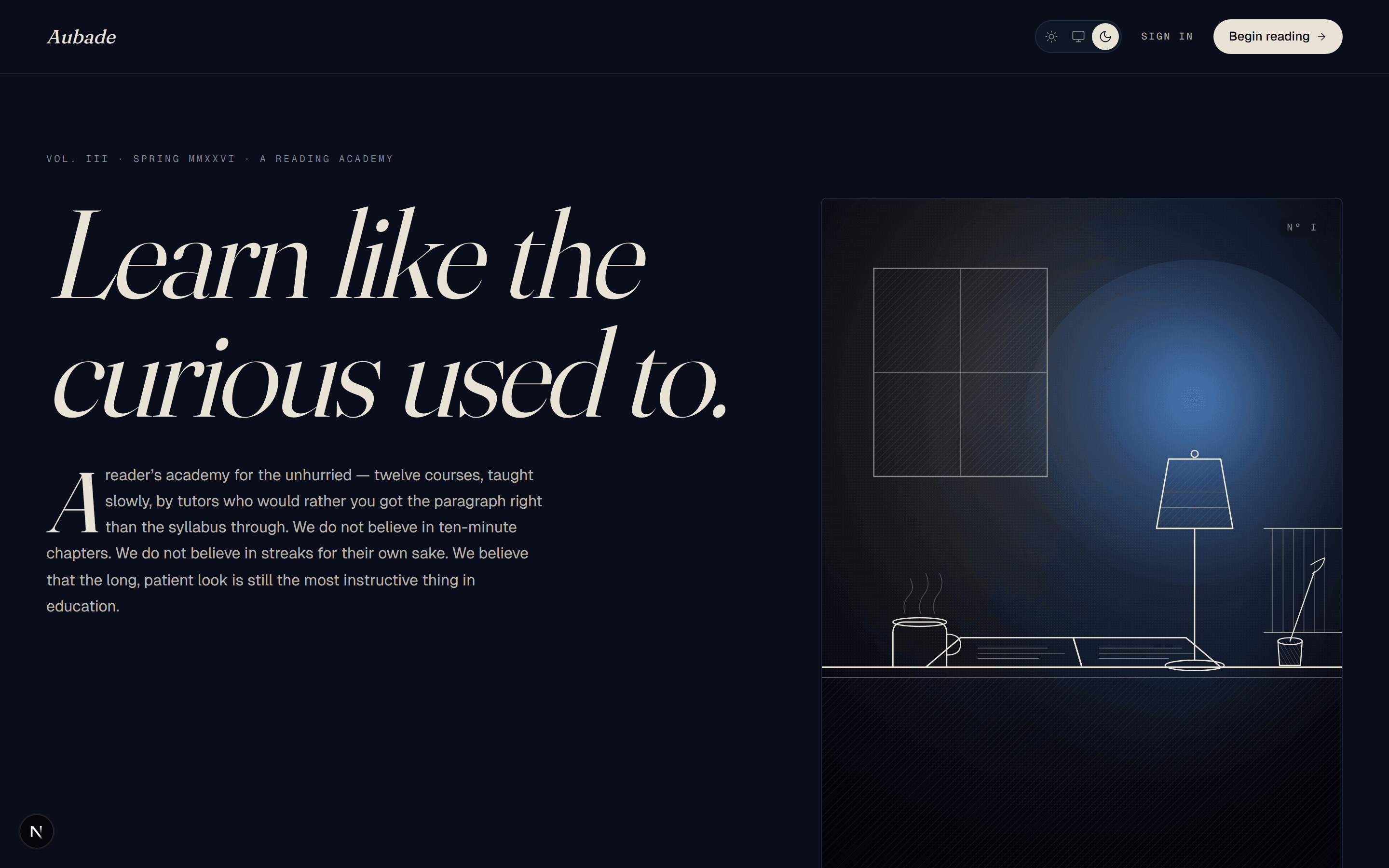 Aubade landing page in dark mode with the italic serif headline "Learn like the curious used to.", a drop-cap introduction and a line engraving of a reader's desk with a lamp, a mug and an open book