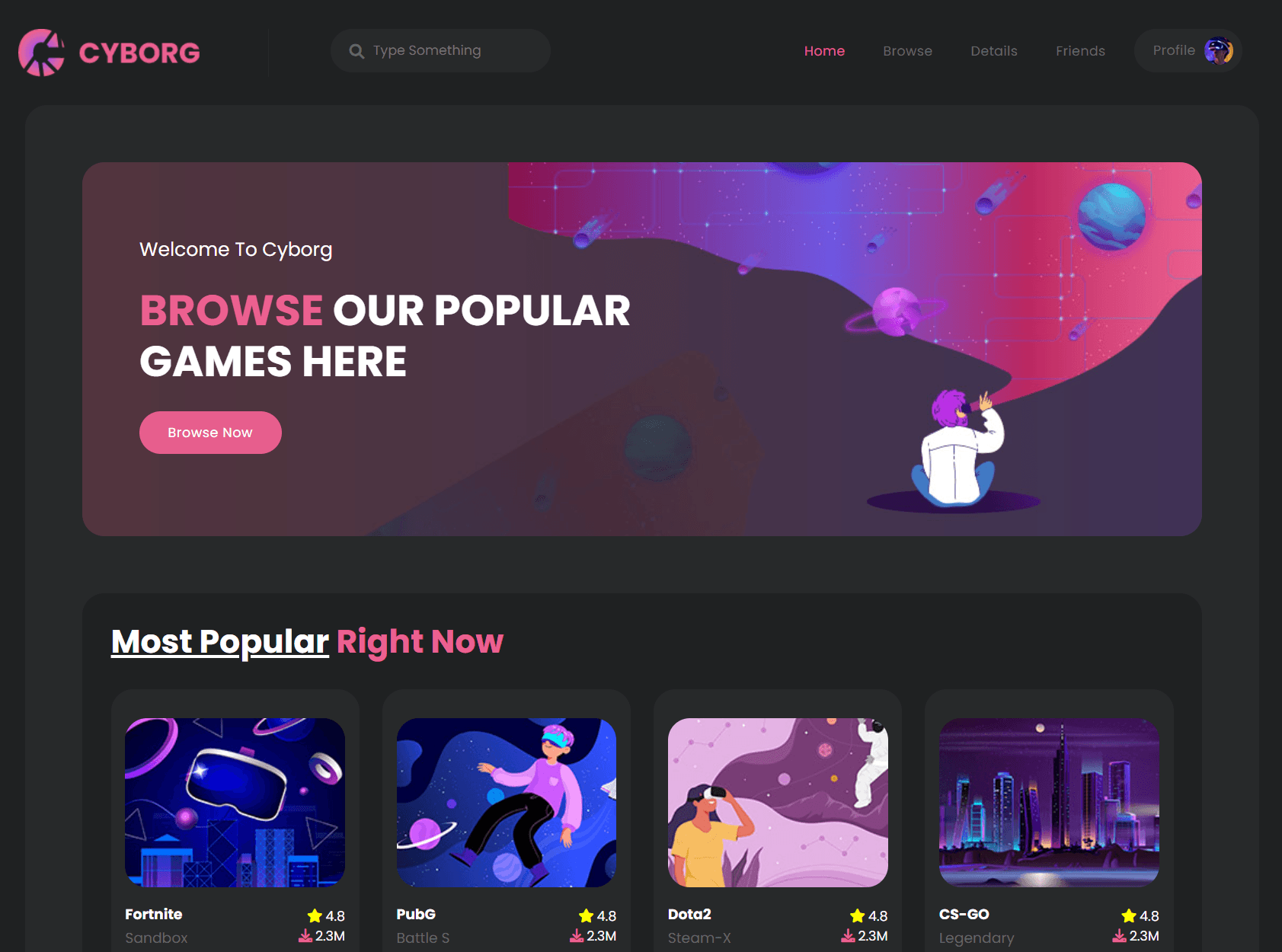 Cyborg gaming platform home page with a "Browse our popular games here" banner and a Most Popular Right Now row of game cards