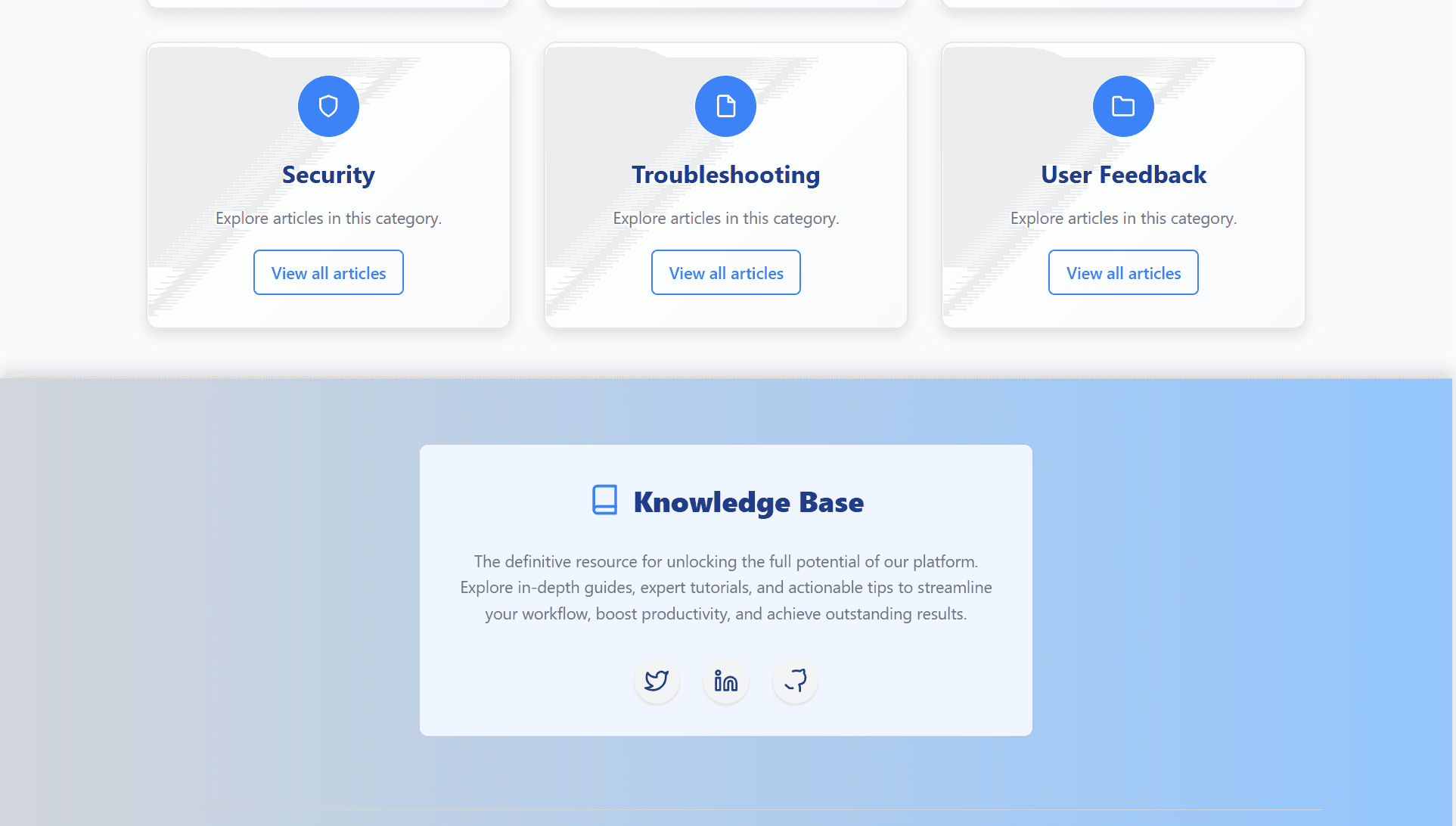 Knowledge Base page with category cards for Security, Troubleshooting and User Feedback, each with a View all articles button, above a Knowledge Base footer panel