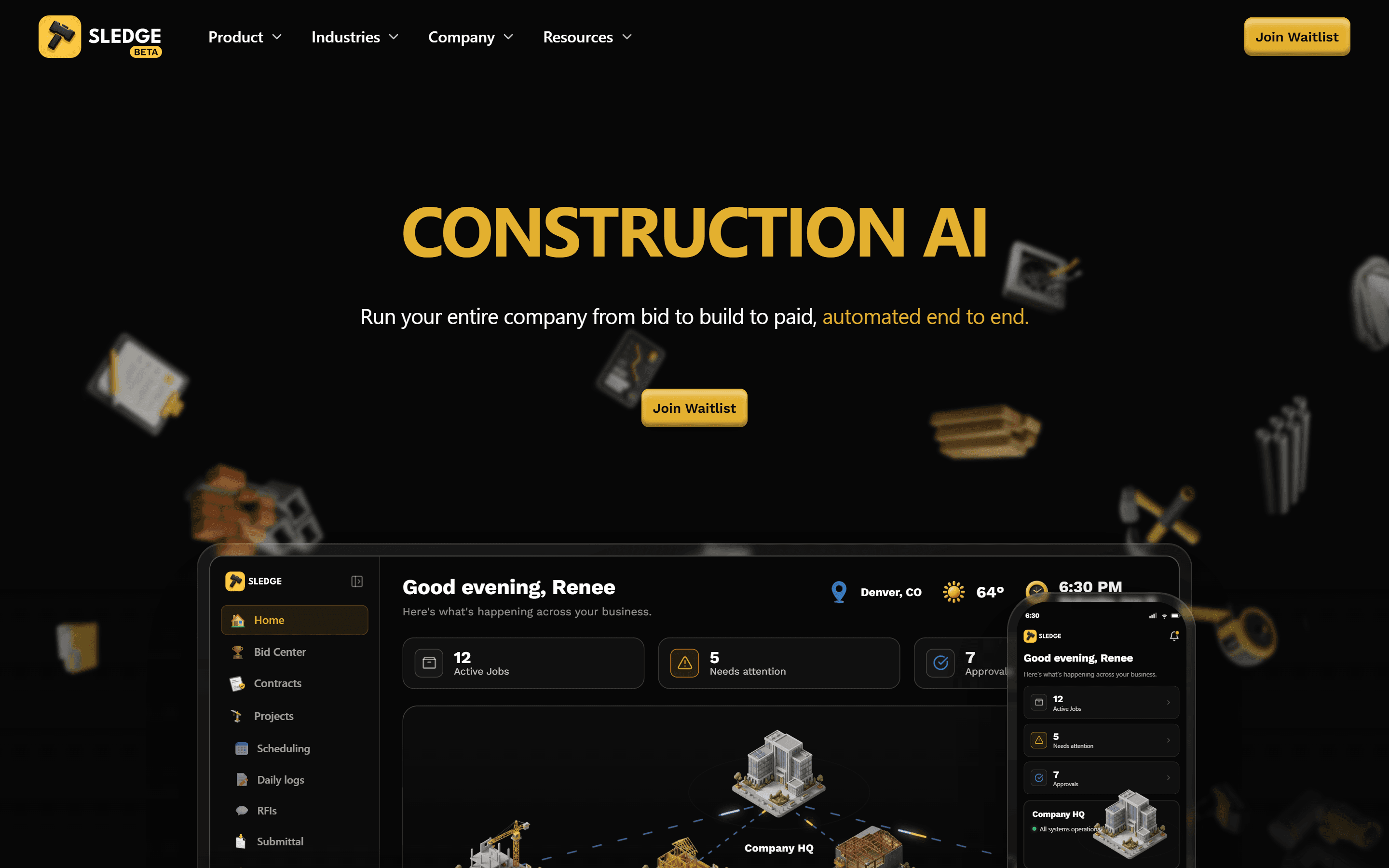 Sledge home page with the yellow headline "Construction AI", a Join Waitlist button and a dashboard preview whose sidebar lists Bid Center, Contracts, Projects and Scheduling